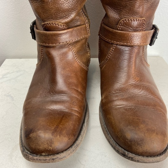 FRYE Phillip Pebbled Leather Knee High Roding Boots Brown Buckle - Picture 7 of 16